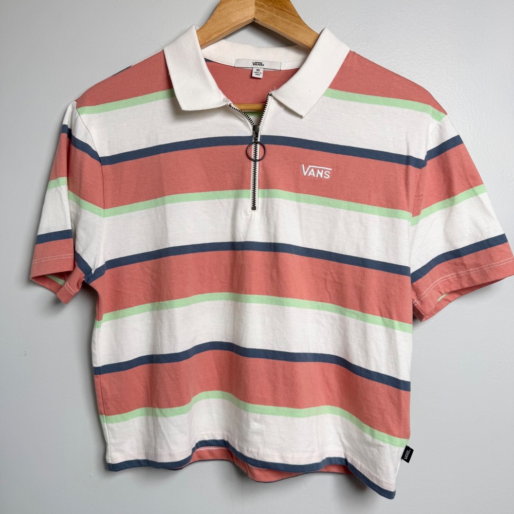 Vans Striped Polo Shirt Crop Top Half Zip Casual Tee XS 100% Cotton